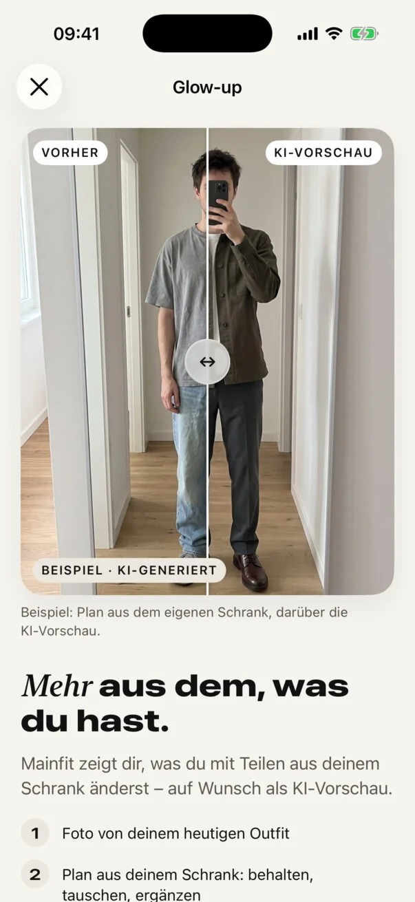App-Bildschirm „Glow-up“: Schieberegler zwischen „Vorher“ und „KI-Vorschau“ desselben Spiegel-Selfies, markiert als „Beispiel · KI-generiert“.