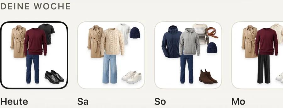 Ausschnitt aus der App: „Deine Woche“ mit Outfit-Collagen für Heute, Samstag, Sonntag und Montag.