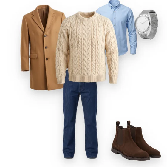 Outfit: camelfarbener Mantel, ecrufarbener Zopfstrickpullover, hellblaues Hemd, dunkelblaue Jeans, braune Boots, Uhr.