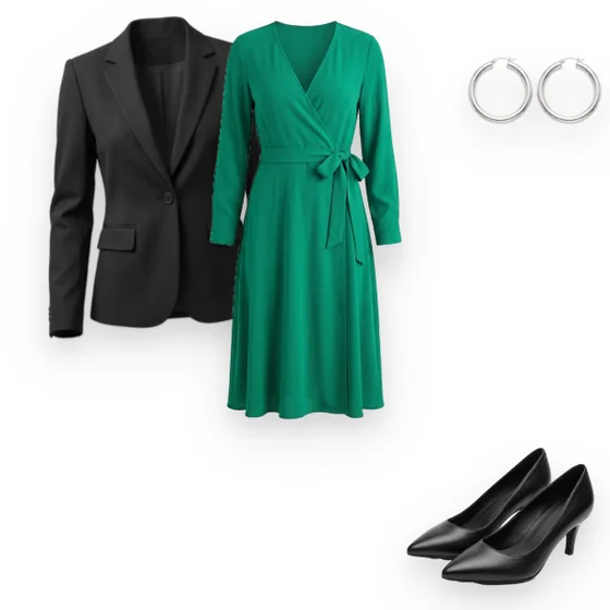 Outfit: schwarzer Blazer, smaragdgrünes Kleid, schwarze Pumps, silberne Kreolen.