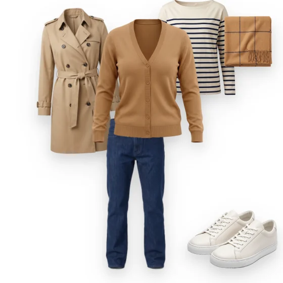Outfit: sandfarbener Trenchcoat, camelfarbener Cardigan, gestreiftes Longsleeve, dunkelblaue Jeans, weiße Sneaker, Schal.