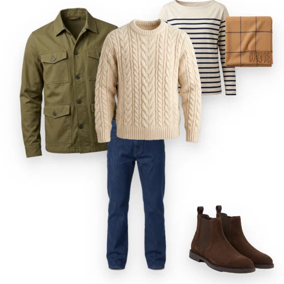 Outfit: olivgrüne Jacke, ecrufarbener Pullover, gestreiftes Longsleeve, dunkelblaue Jeans, braune Boots, Schal.