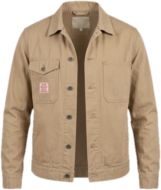 KI-Produktbild der beigen Hemdjacke auf weißem Grund.